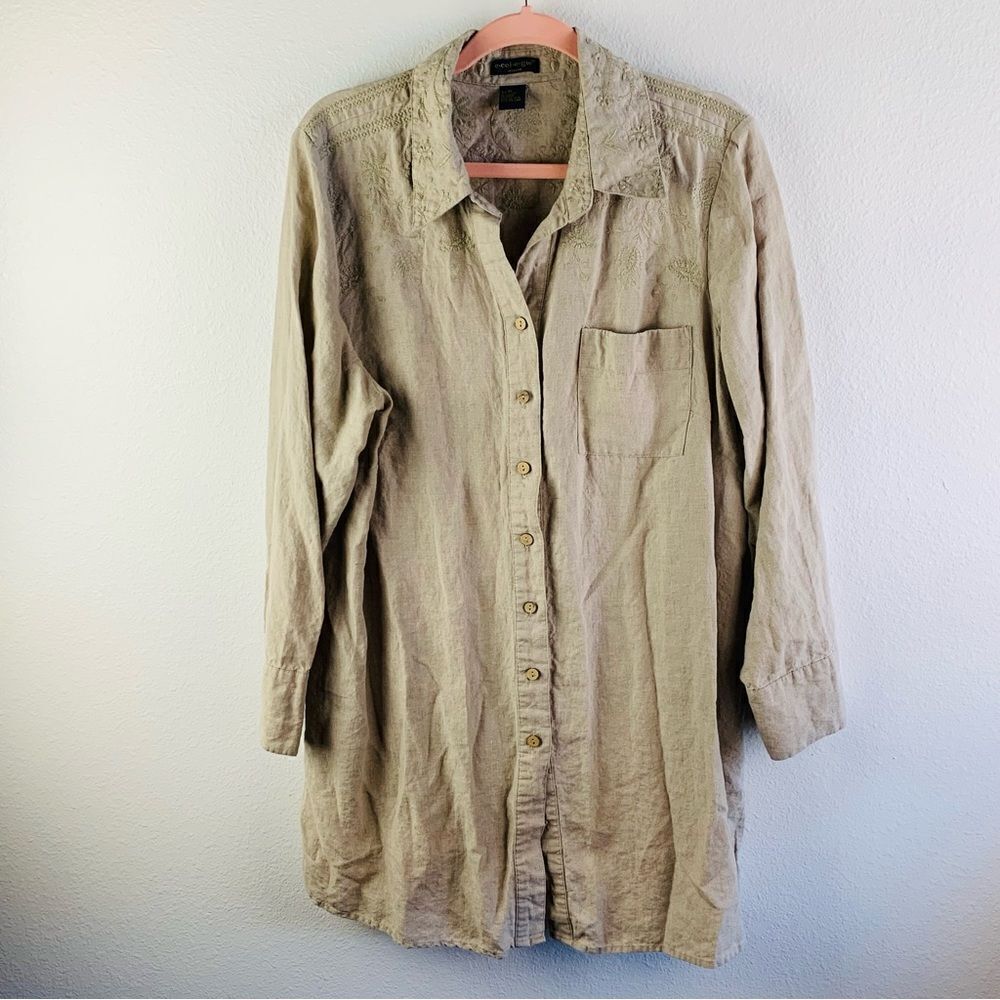 Ecologie Tan Long Line Embroidered Linen Shirt Tunic